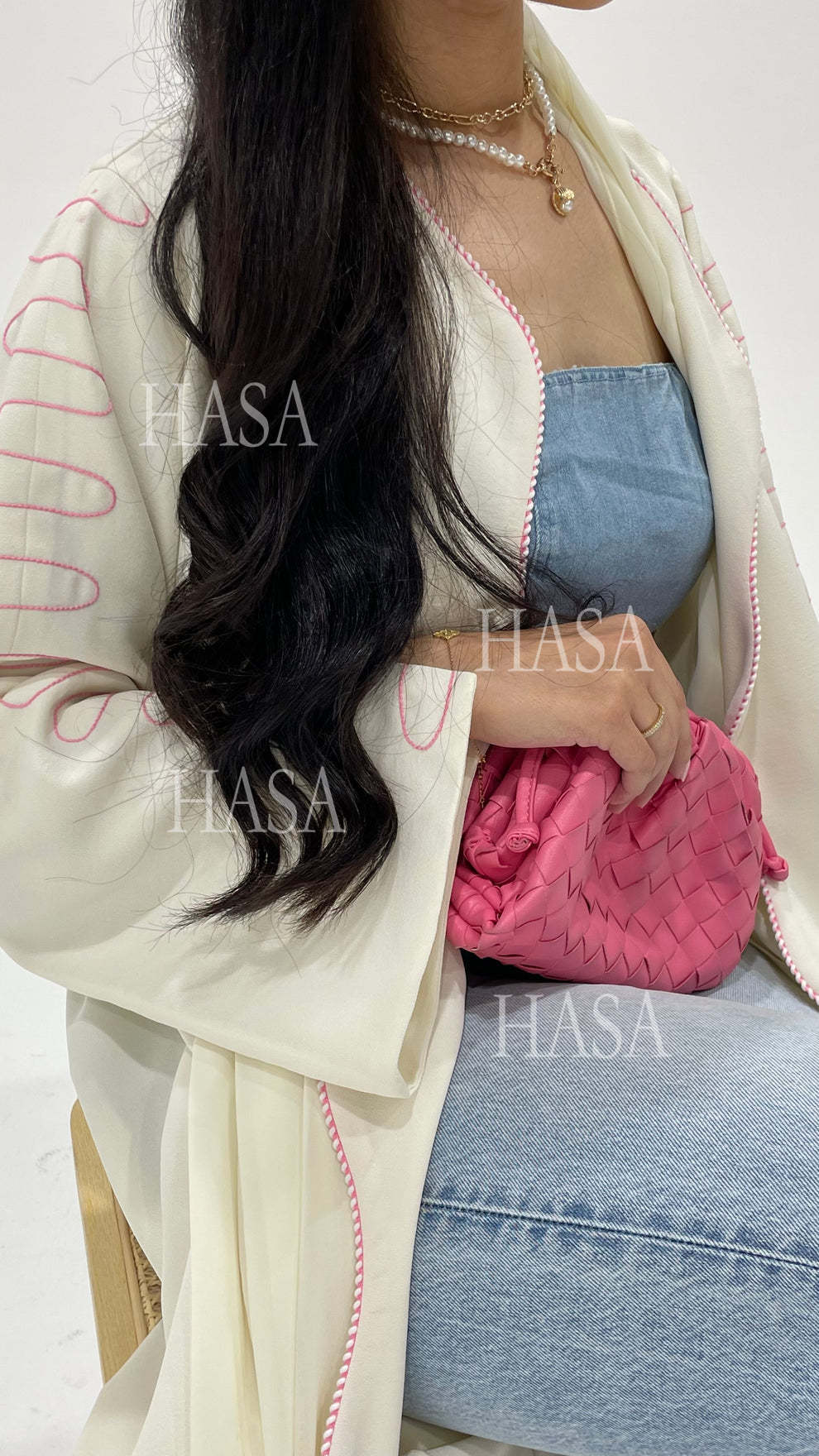 HASA's Series HS6582 Abaya Women's Long Embroidered Cardigan Jacket with Wavy Edges