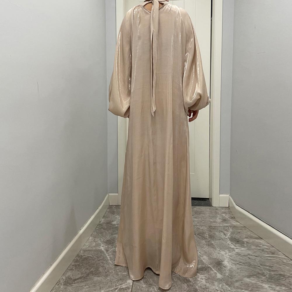 فستان حريري لامع طويل بأكمام واسعة من سلسلة HS10043 HASA، بياقة واقفة وربطة ظهر، فستان نسائي عباية