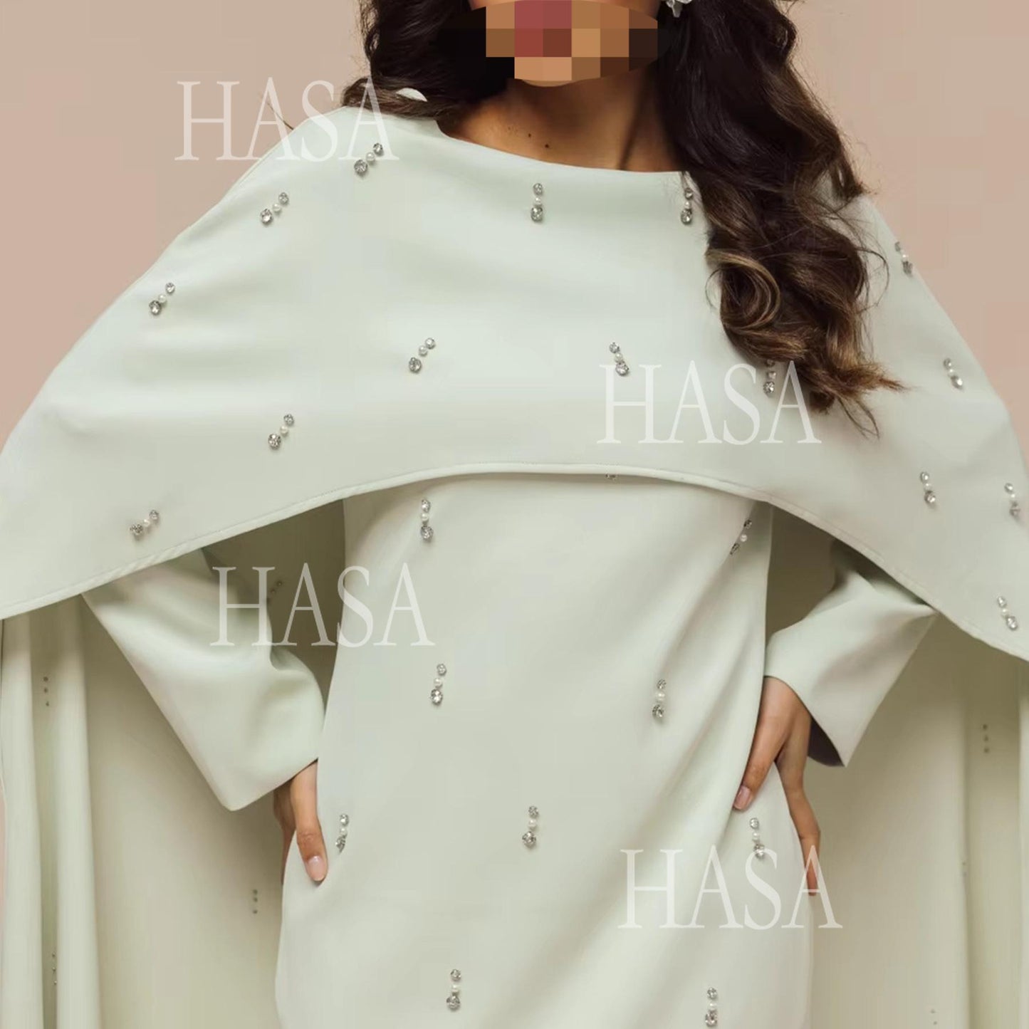 HS6505 Solid color beaded long dress with fake two-piece design