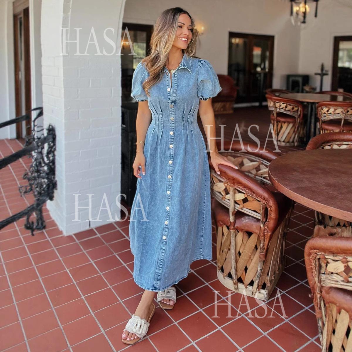 HASA HS6797 Elegant Puff Sleeve Denim Maxi Dress