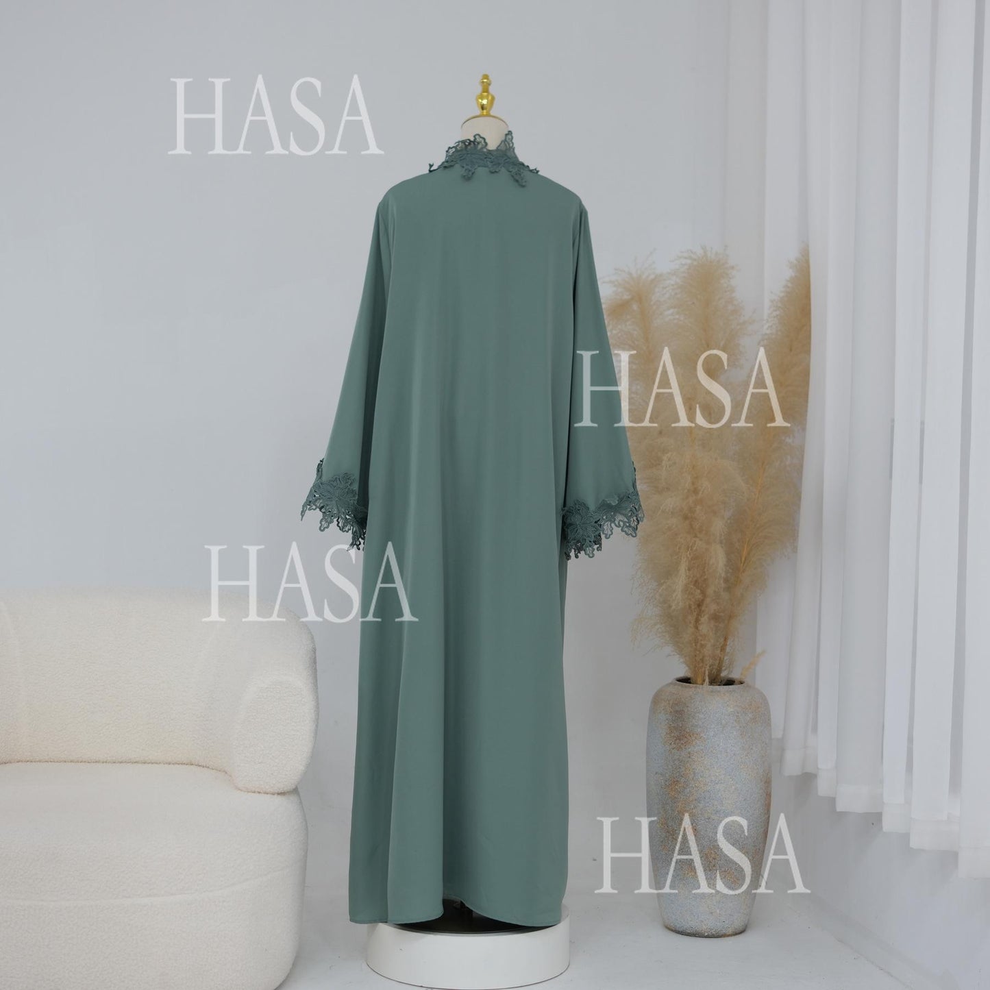 HASA HS6780 Chic Floral Embroidered Open Abaya Two Piece Outfit