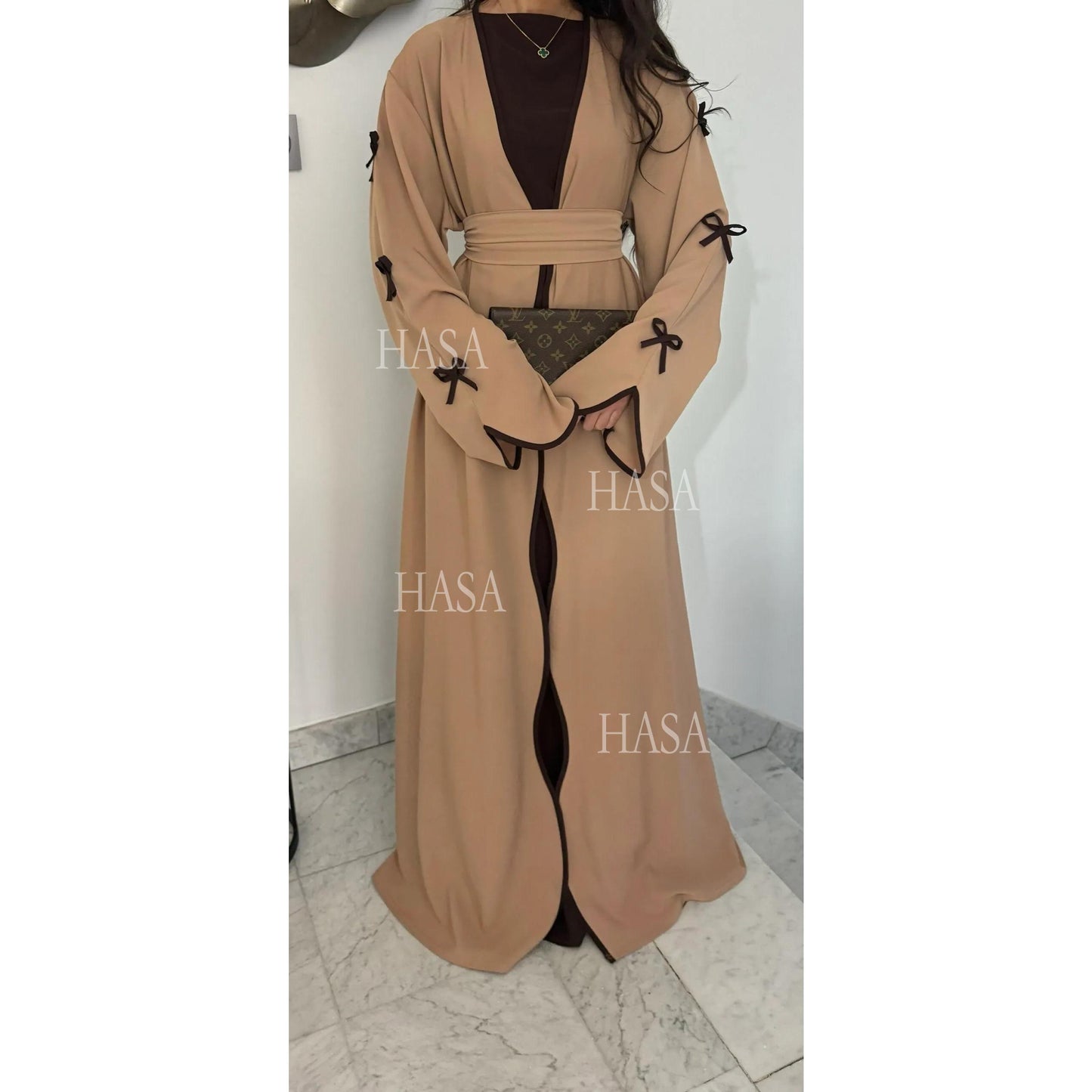 HS5862 Elegant Wavy-edge Bow Robe (with Belt) for A Feminine Look