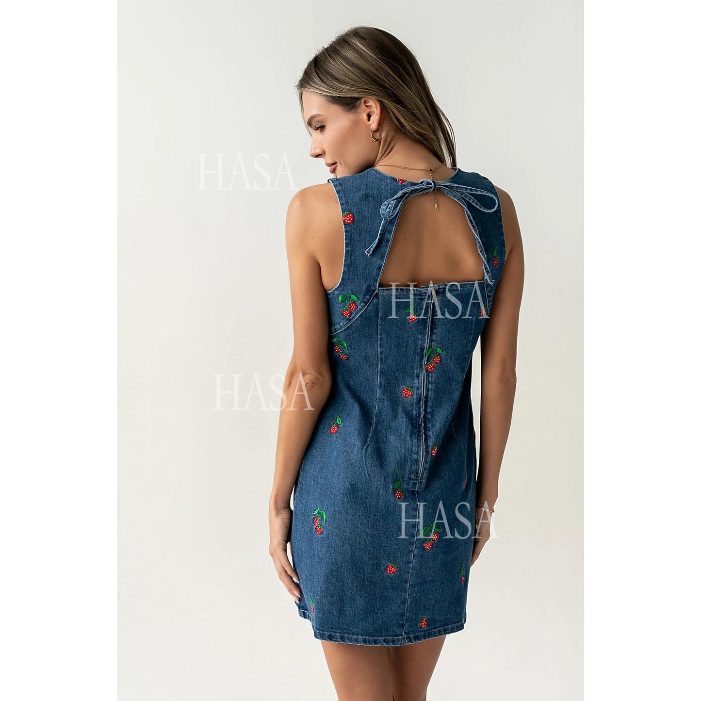 HASA HS6785 Sweet Strawberry Denim Mini Dress for Everyday Street Style