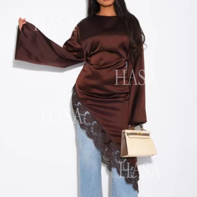 HASA HS6784 Soft Luxury Asymmetric Modest Top with Lace Detail