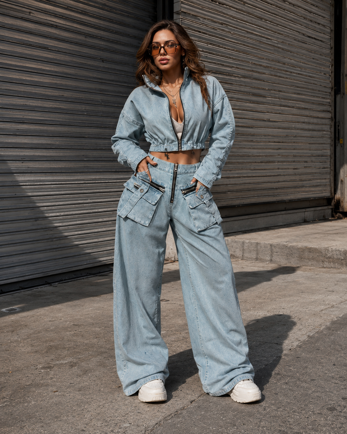 Light blue washed denim two piece set for women