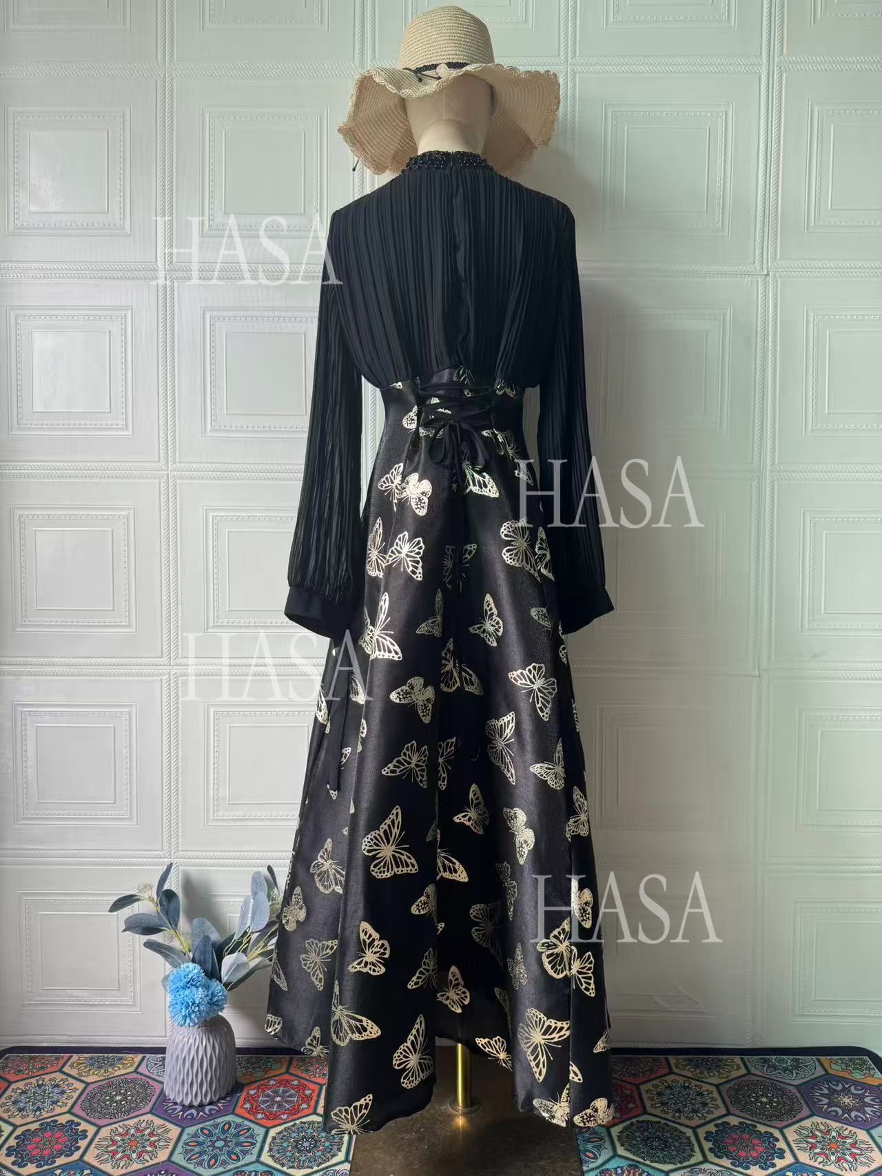 HS6734 Flowy Feminine Maxi Dress with Embroidered Butterfly Design