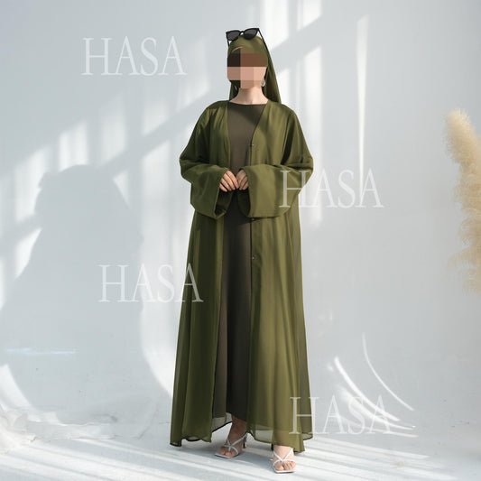 HS6513 Double-layered sleeve chiffon cardigan two-piece robe abaya (headscarf not included)