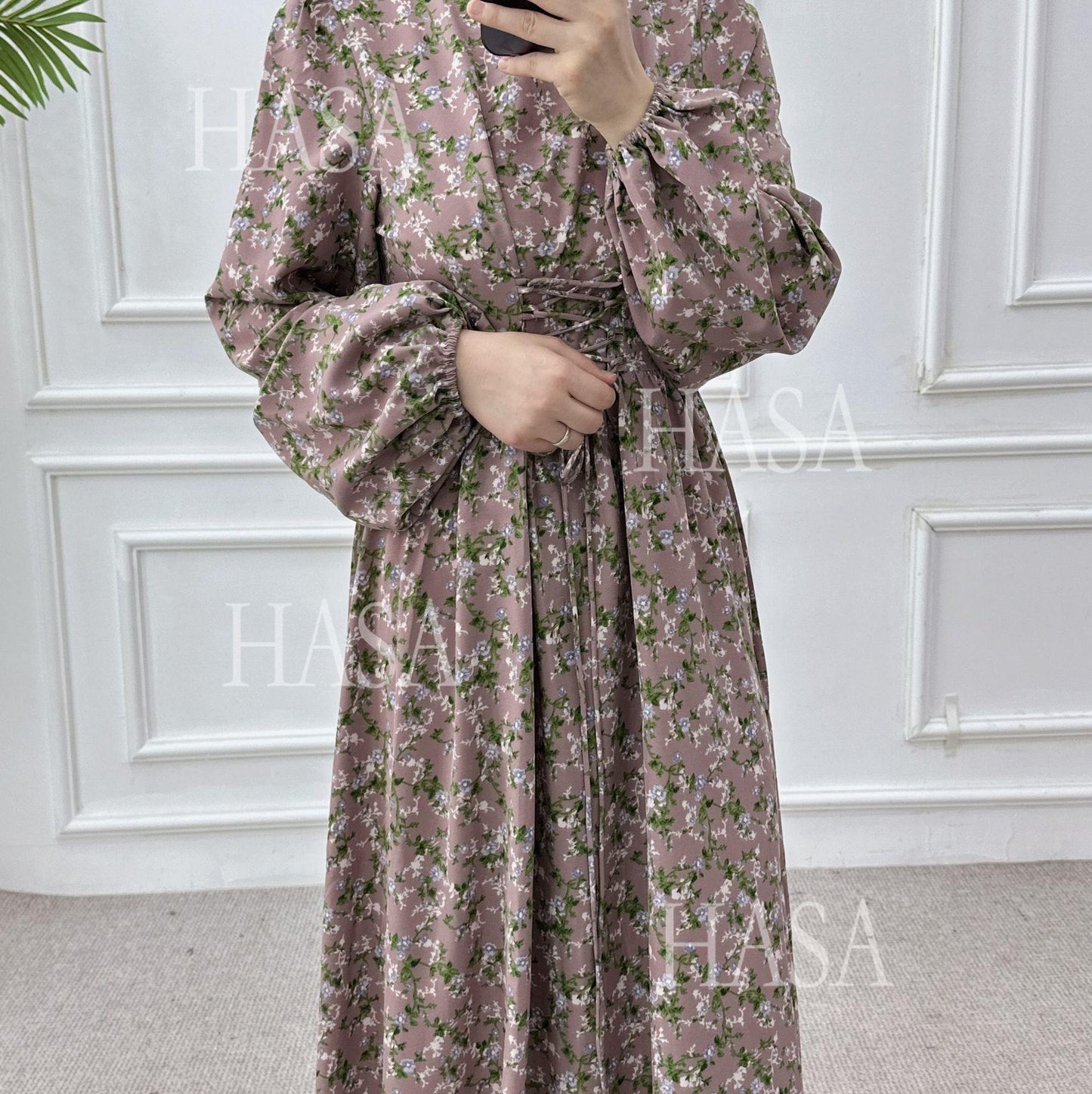HS6489 Long-sleeved Floral Maxi Dress with Natural Waist
