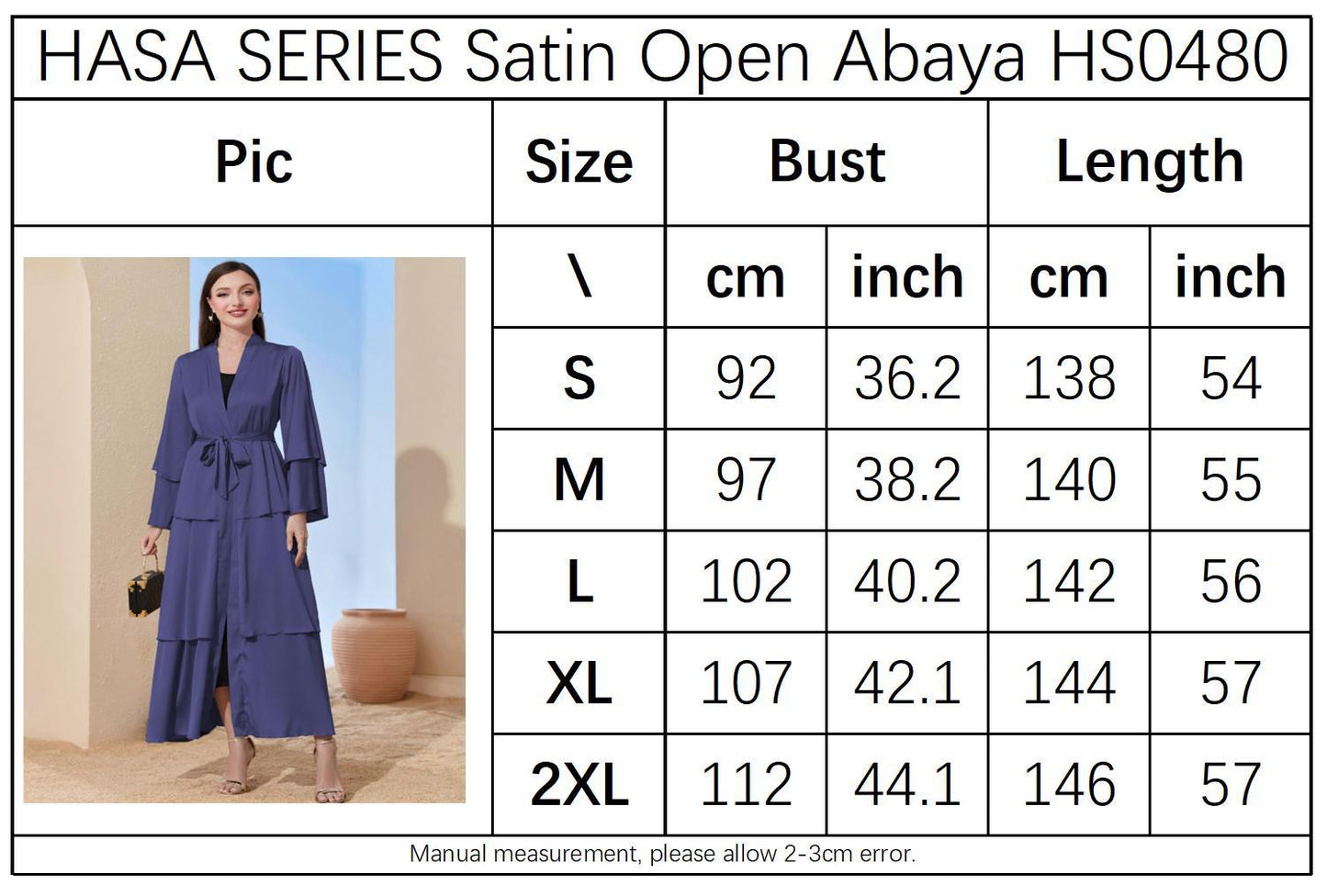 HASASERIES HS0480 Elegant Satin Silk Fabric Three Layer Open Abaya with Two Layer Sleeves