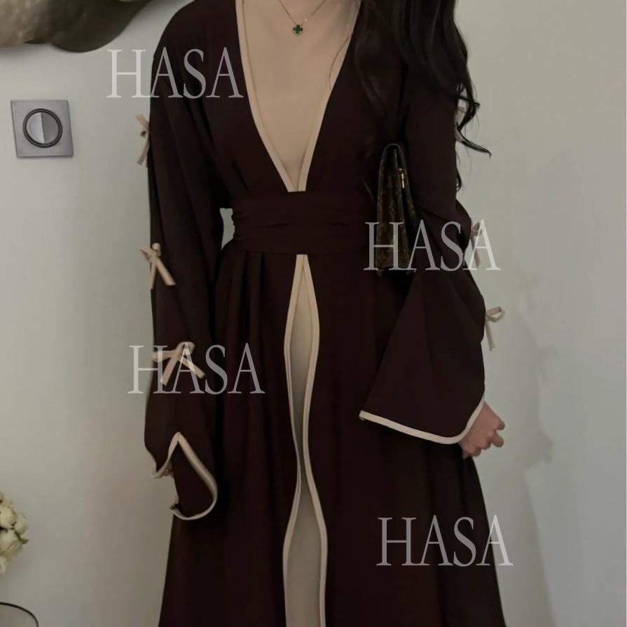 HS5883  A Two-piece Robe and Skirt Set with A Soft Bow and A Belt Design open abaya outfit