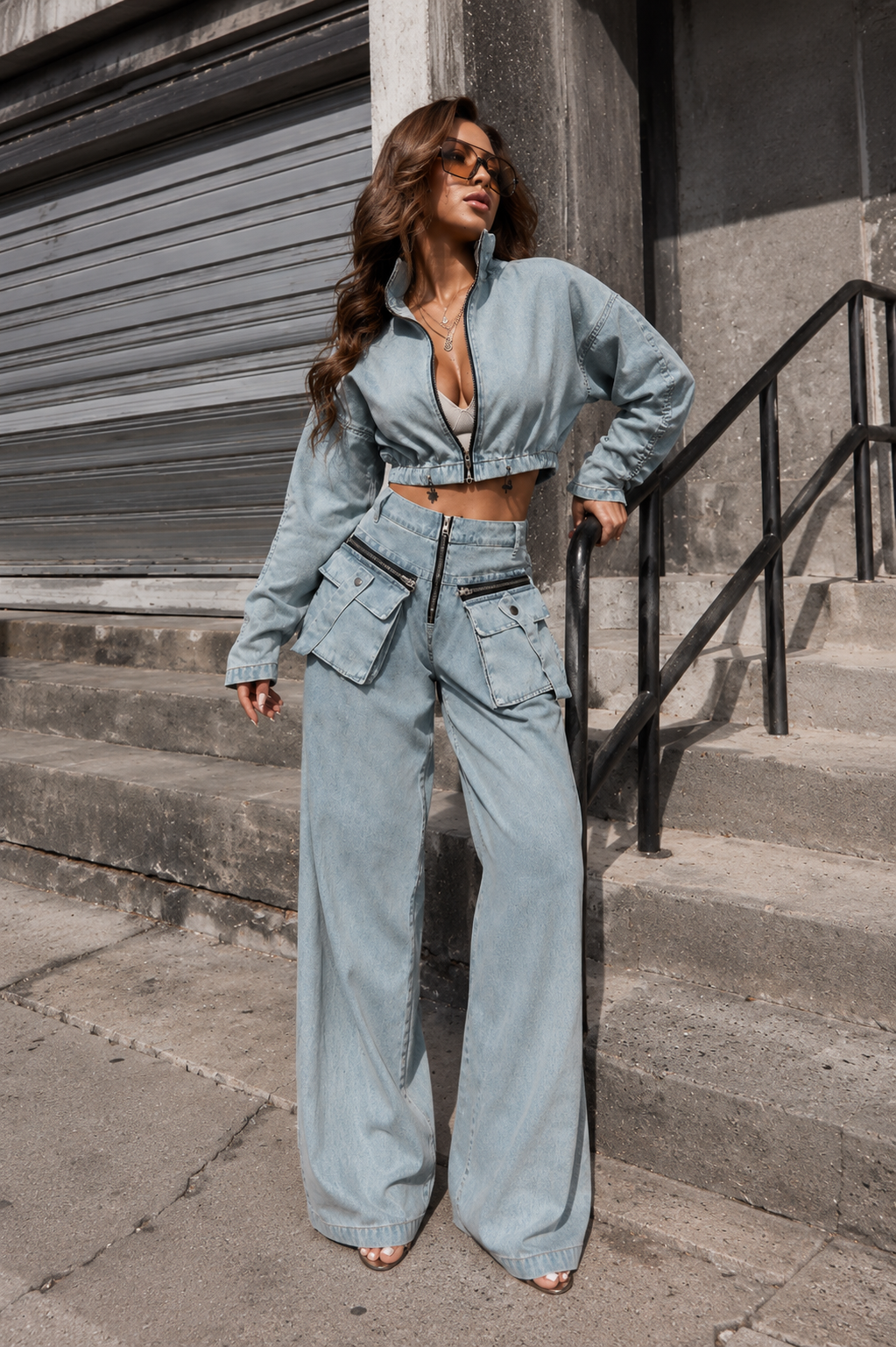 Cropped denim jacket with high waisted wide leg pants