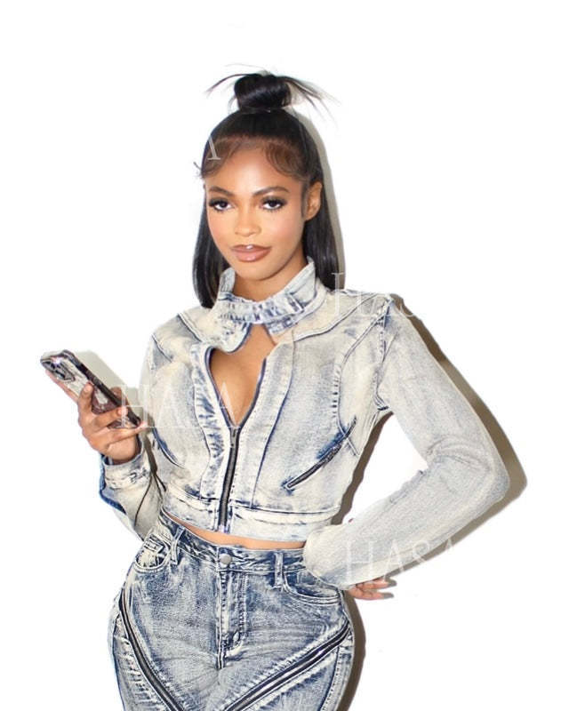 HASA HS6291 Statement Washed Denim Two Piece Outfit with Zip Jacket Detail