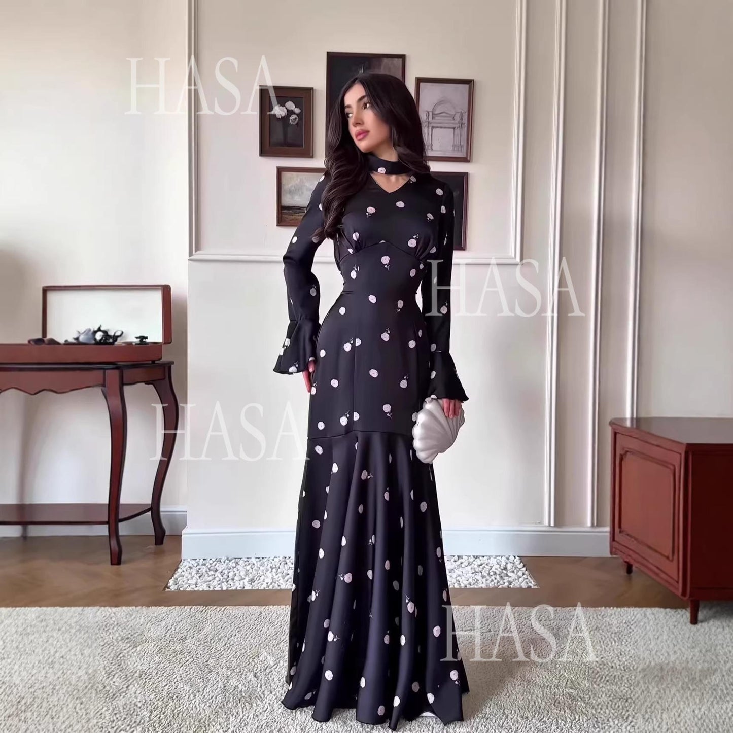 HASA's Series HS6741 Chic Black Polka Dot Long Dress Flare Sleeve Mermaid Maxi Gown