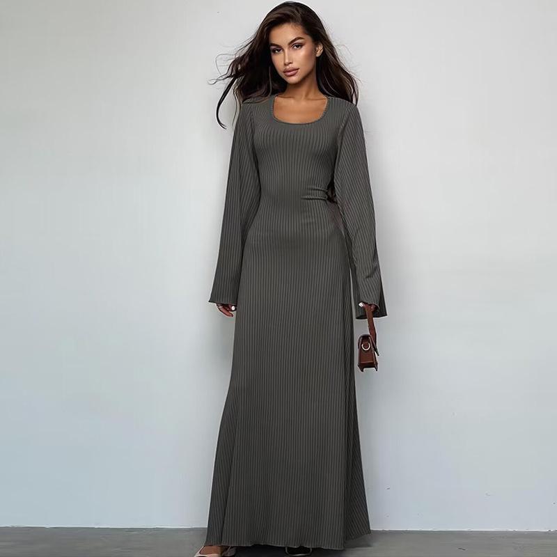 HASASERIES HS0676 Flared Long Sleeved High Waist Maxi Skirt with Lace-up Back
