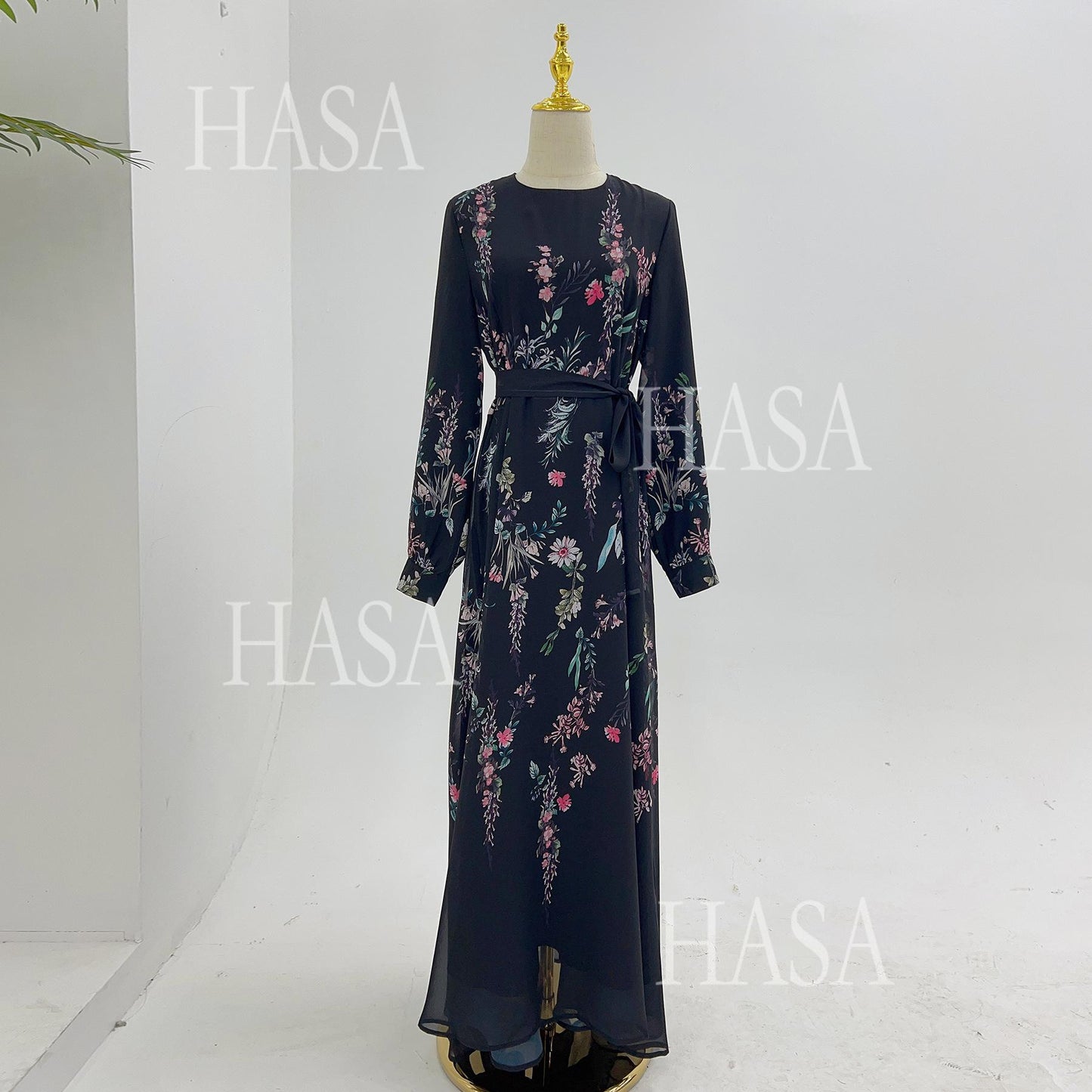 HS6531 Chiffon Printed Ankle-Length Maxi Dress with Long Sleeves