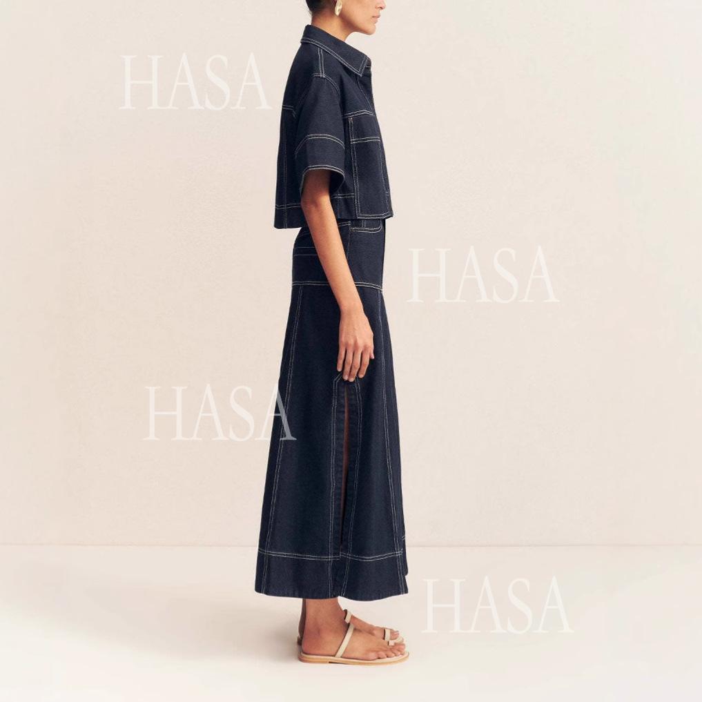 HASA HS6794 Trendy Dark Wash Denim Maxi Skirt Matching Set