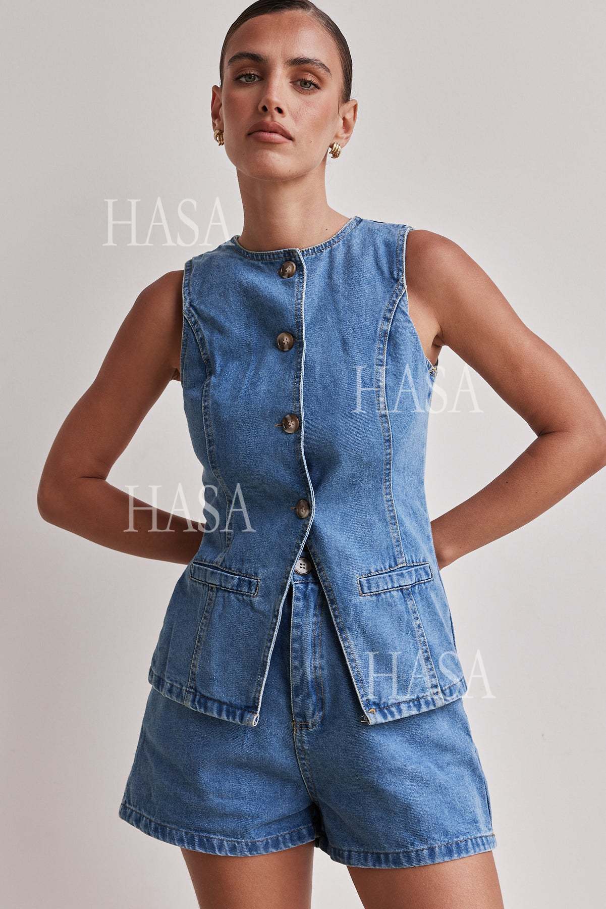 HASA HS6097 Women’s Button Front Denim Top with Matching Shorts