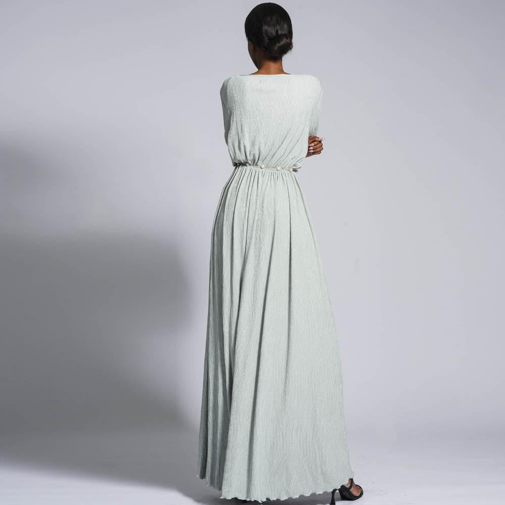 HS0434 Robe longue froissée extensible pour femmes musulmanes, couleur unie, manches cloches