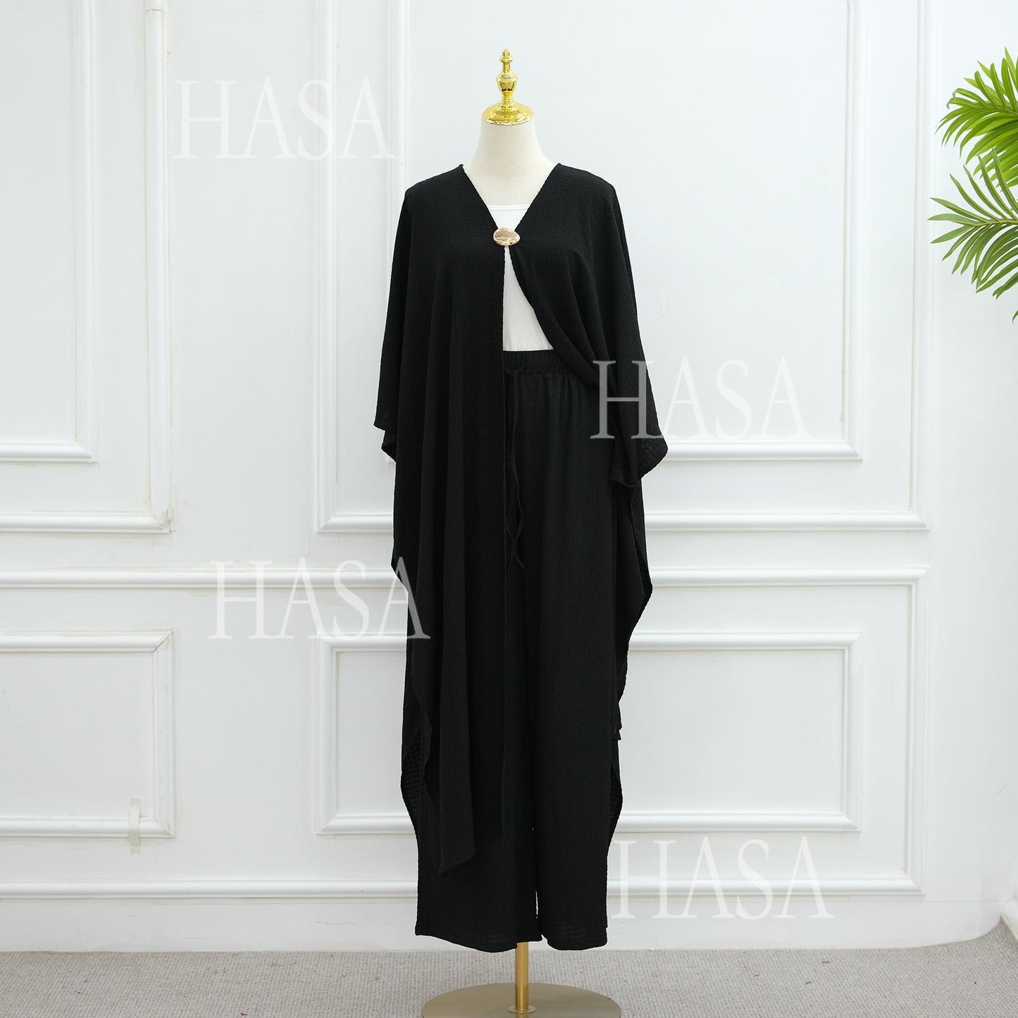 HS6486 Simple Cardigan with Wide-leg Pants, Solid Color Daily Two-piece Suit