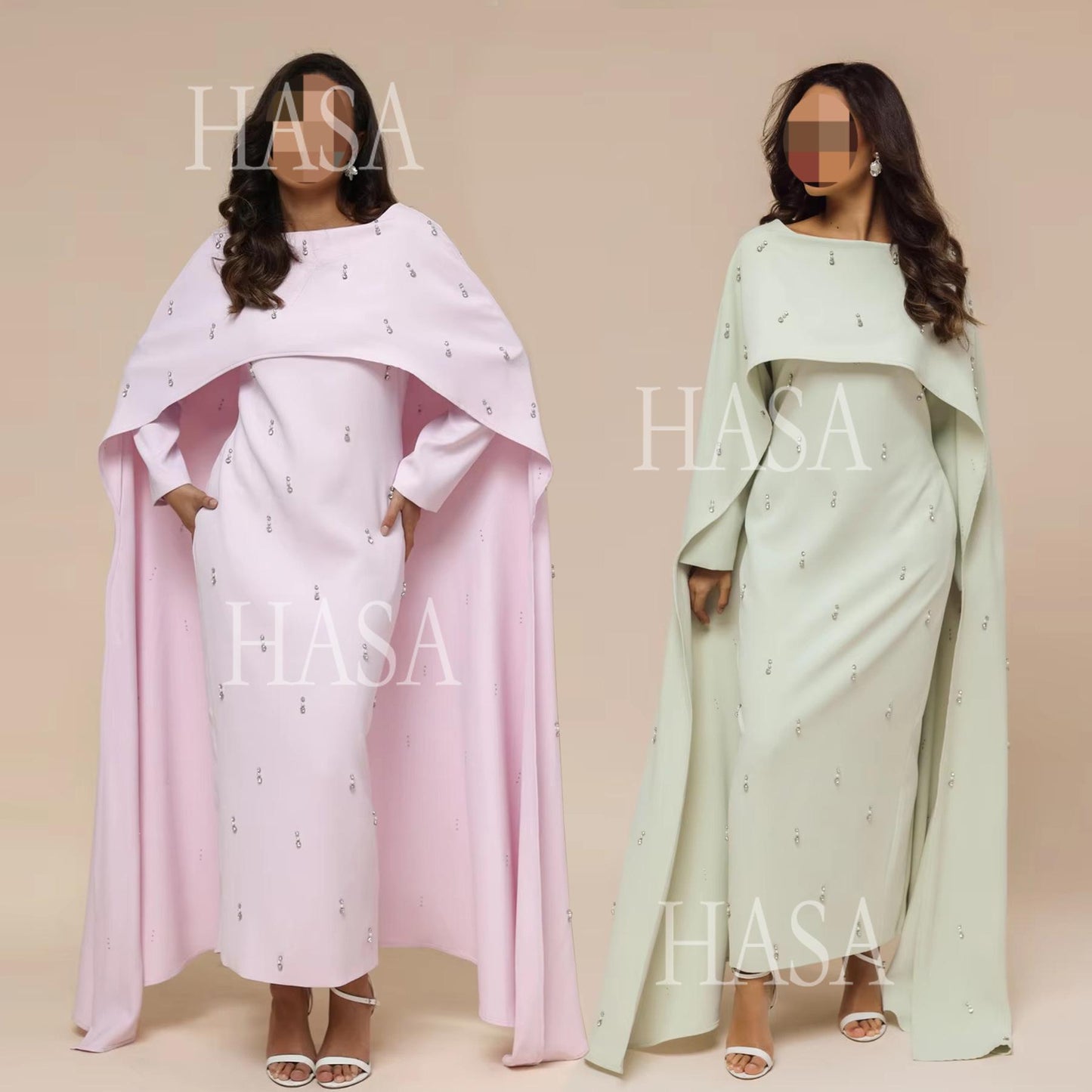 HS6505 Solid color beaded long dress with fake two-piece design