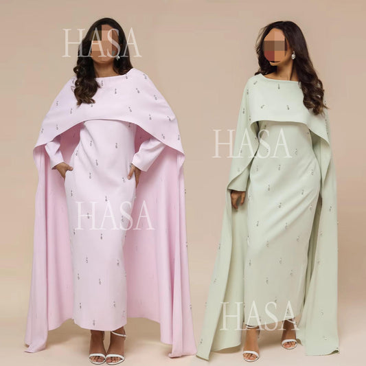 HS6505 Solid color beaded long dress with fake two-piece design