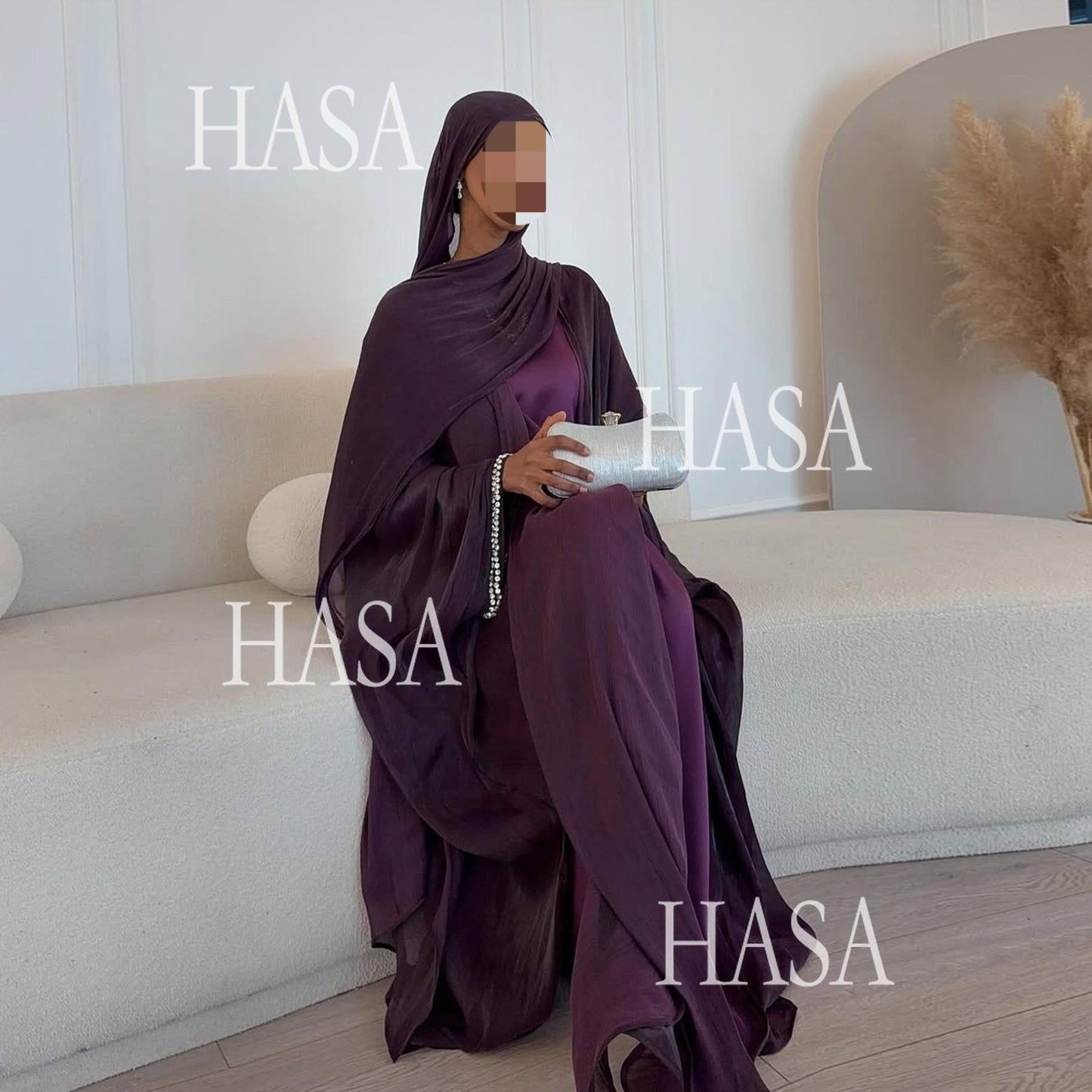 HS6553  Two-Piece Solid Abaya with Beaded Details and Matching Scarf Option