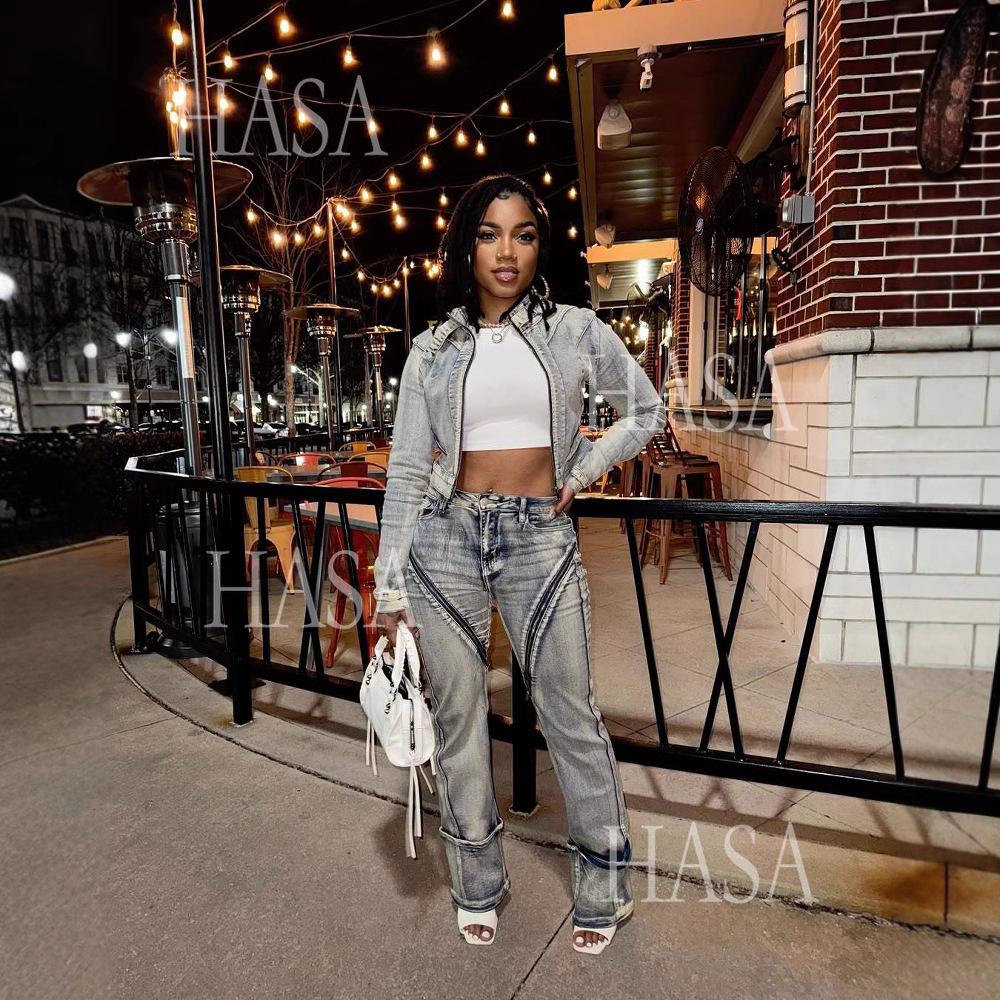 HASA HS6291 Statement Washed Denim Two Piece Outfit with Zip Jacket Detail