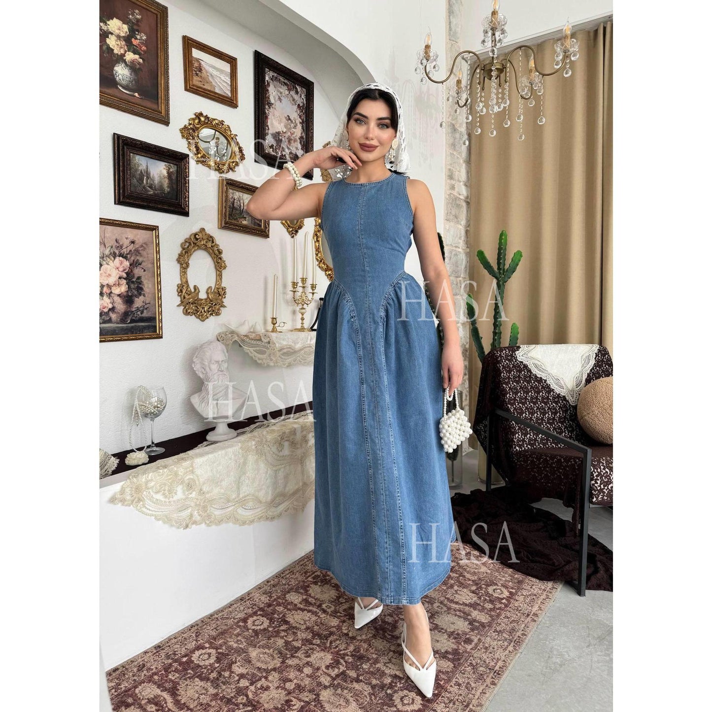 HASA HS6787 Vintage Inspired Light Blue Denim Dress with Full Skirt