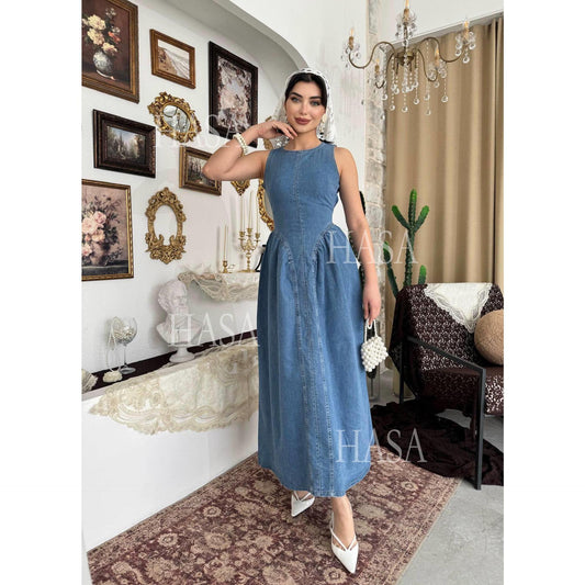 HASA HS6787 Vintage Inspired Light Blue Denim Dress with Full Skirt