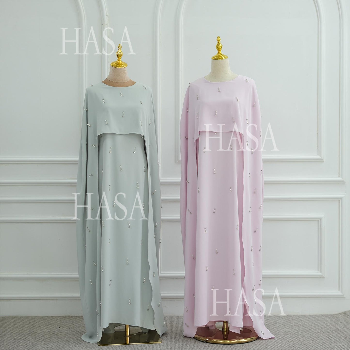 HS6505 Solid color beaded long dress with fake two-piece design