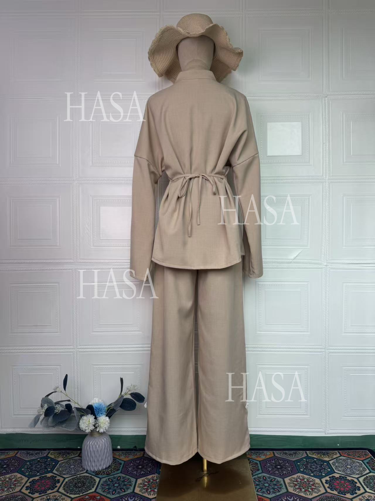 HS6738 Chic Long Sleeve Matching Set with Flowy Pants