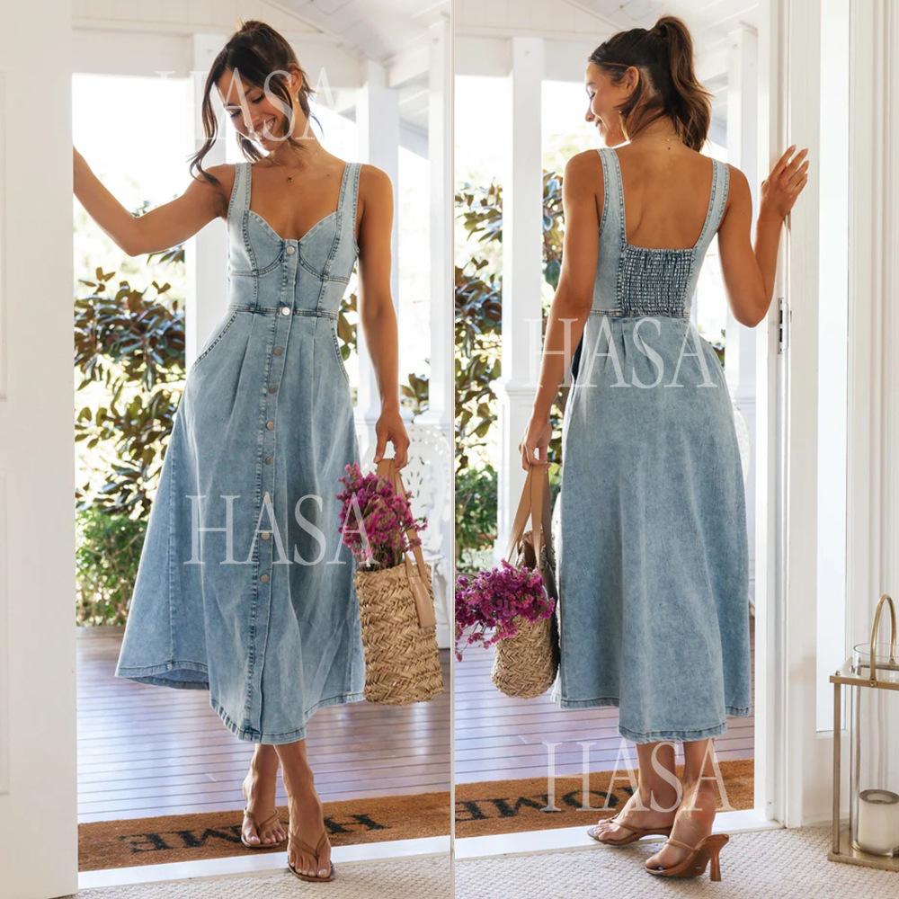 HASA HS6796 Button Front Denim Dress with Flattering Fit