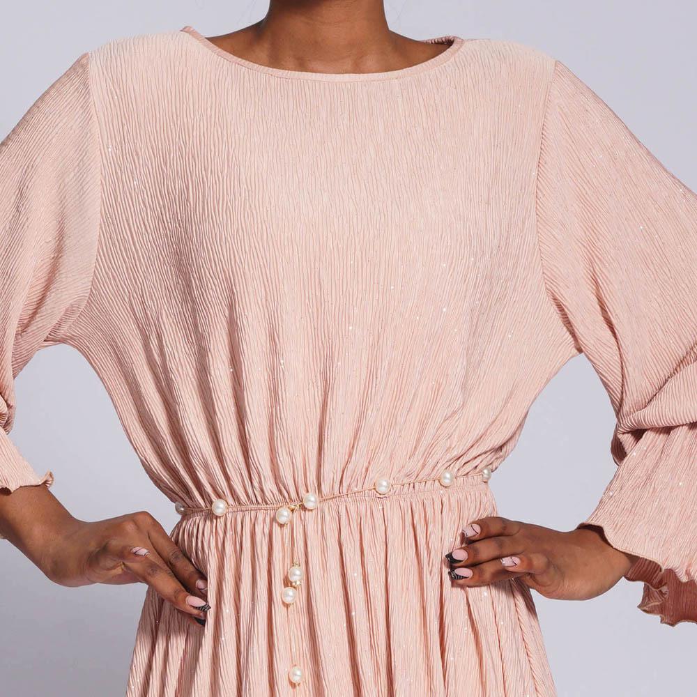 HS0434 Robe longue froissée extensible pour femmes musulmanes, couleur unie, manches cloches