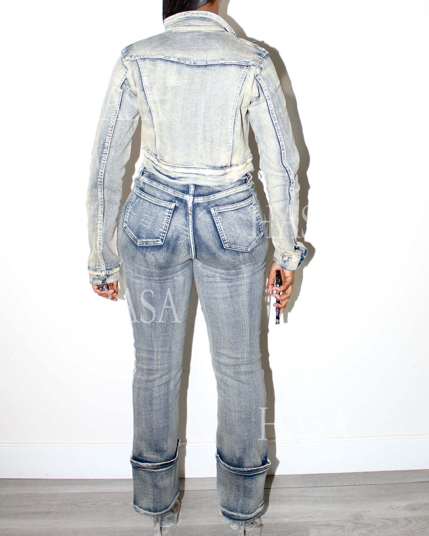 HASA HS6291 Statement Washed Denim Two Piece Outfit with Zip Jacket Detail