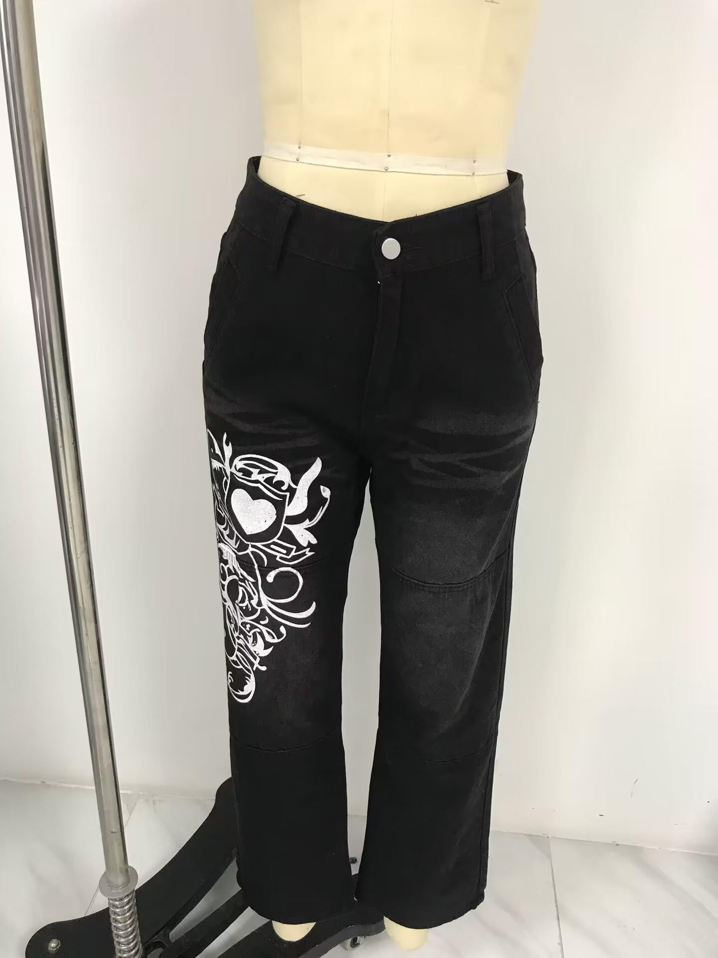 HS6382 Street Style Women's Clothing Irregular Printing Loose Trousers Low Waist Folds Washed for Old Multi-colored Jeans