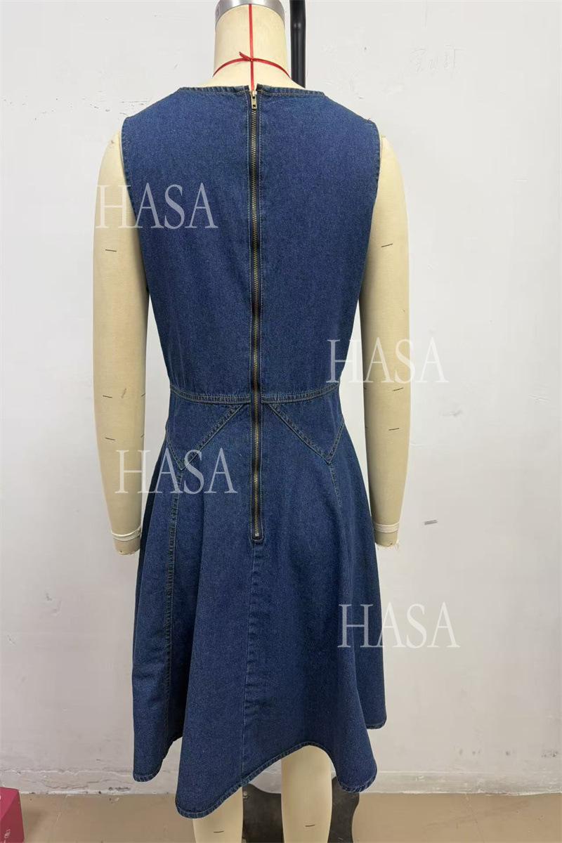 HASA HS6791 Chic Button Front Denim Mini Dress with Flowy Flared Skirt