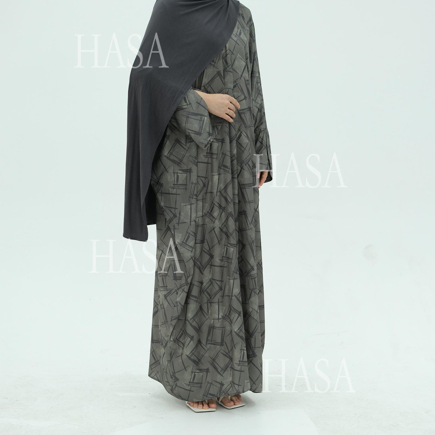 HS6504 Grey geometric print long cardigan Abaya (headscarf not included)