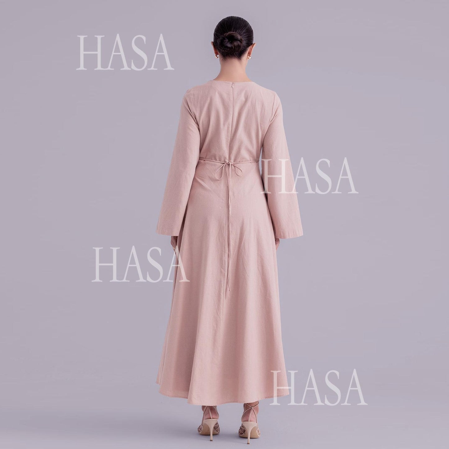 HS6494 Simple Solid Color Linen Bamboo Dress | Lace-Up Design
