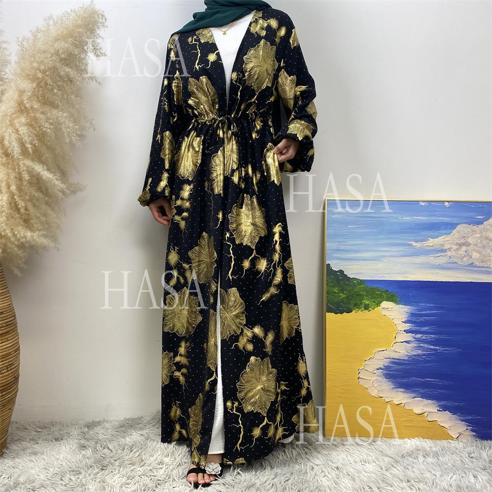 HS6589 Gold-stamped long cardigan with a flowing design