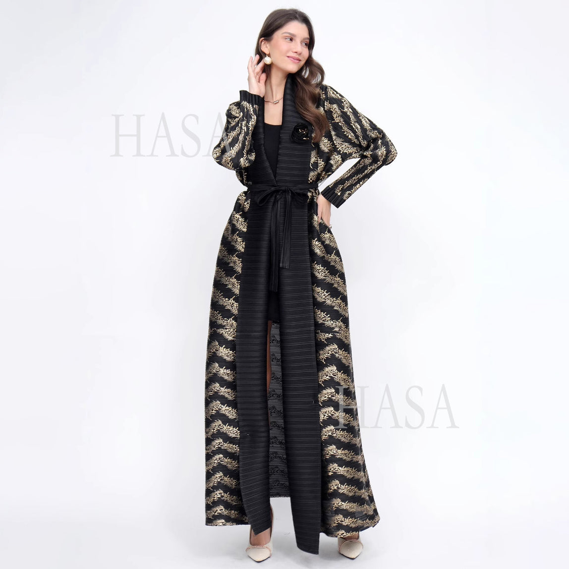 HS5838 Gold-stamped Pleated Long Cardigan with Belt
