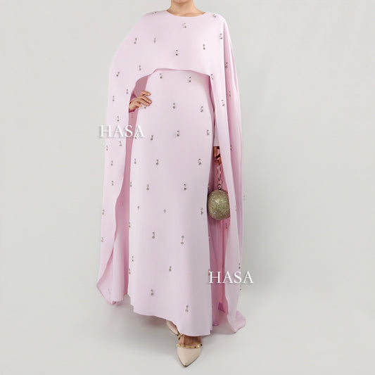 HS6505 Beaded Maxi Dress with Attached Cape Overlay