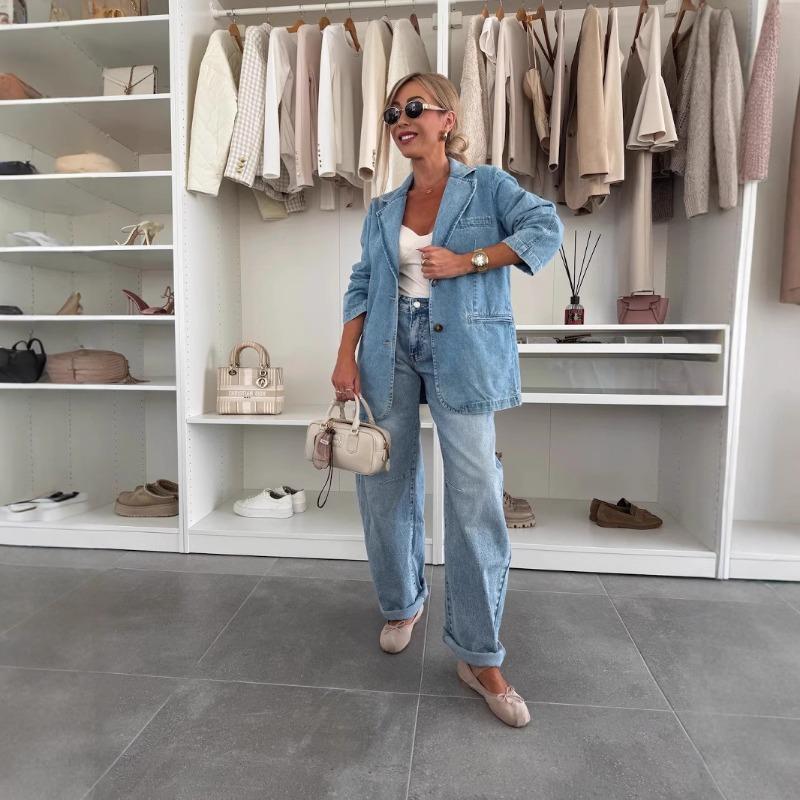 HS6181 Fashionable Casual Loose Washed Blue Denim Women's Blazer