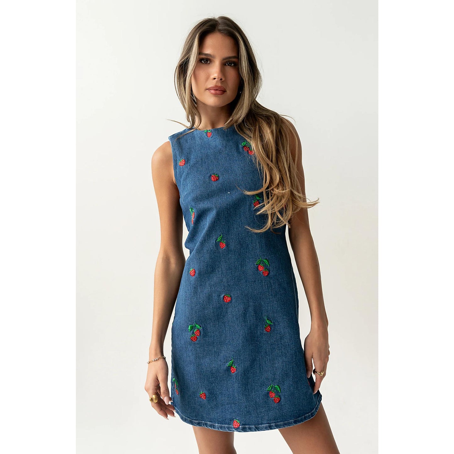 HASA HS6785 Sweet Strawberry Denim Mini Dress for Everyday Street Style