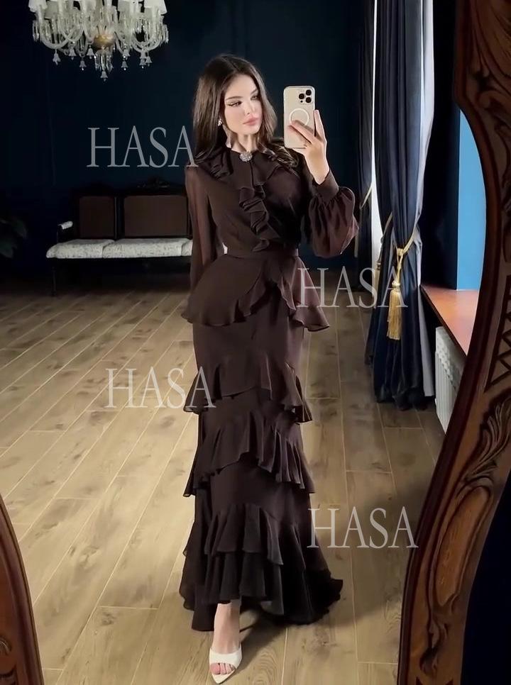 HS6733 Flowy Elegant Maxi Dress with Cascading Ruffles