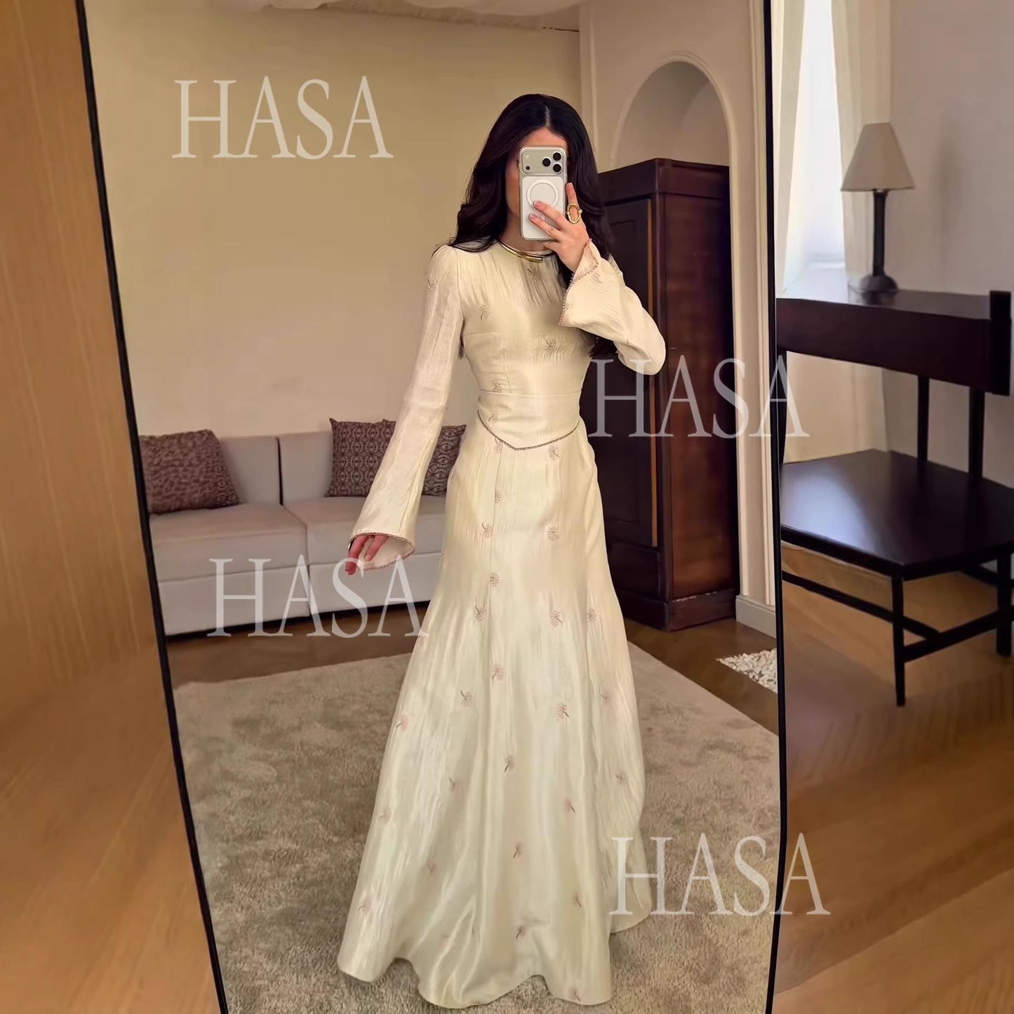 HS6745 Chic Cream Embroidered Long Dress Flare Sleeve Mermaid Maxi Gown