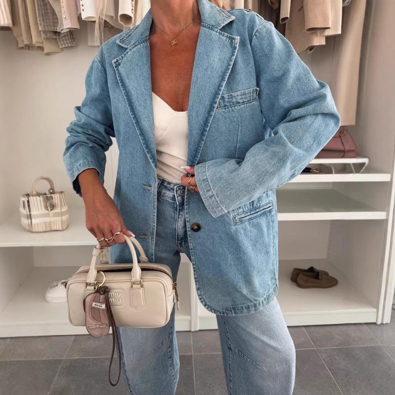 HS6181 Fashionable Casual Loose Washed Blue Denim Women's Blazer