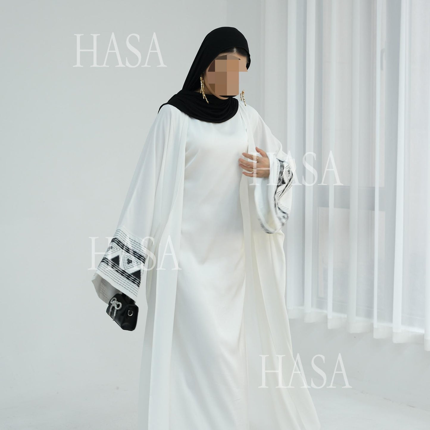HASA's Series HS6506 Long Wide Sleeve Embroidered Robe Cardigan (No Headscarf)