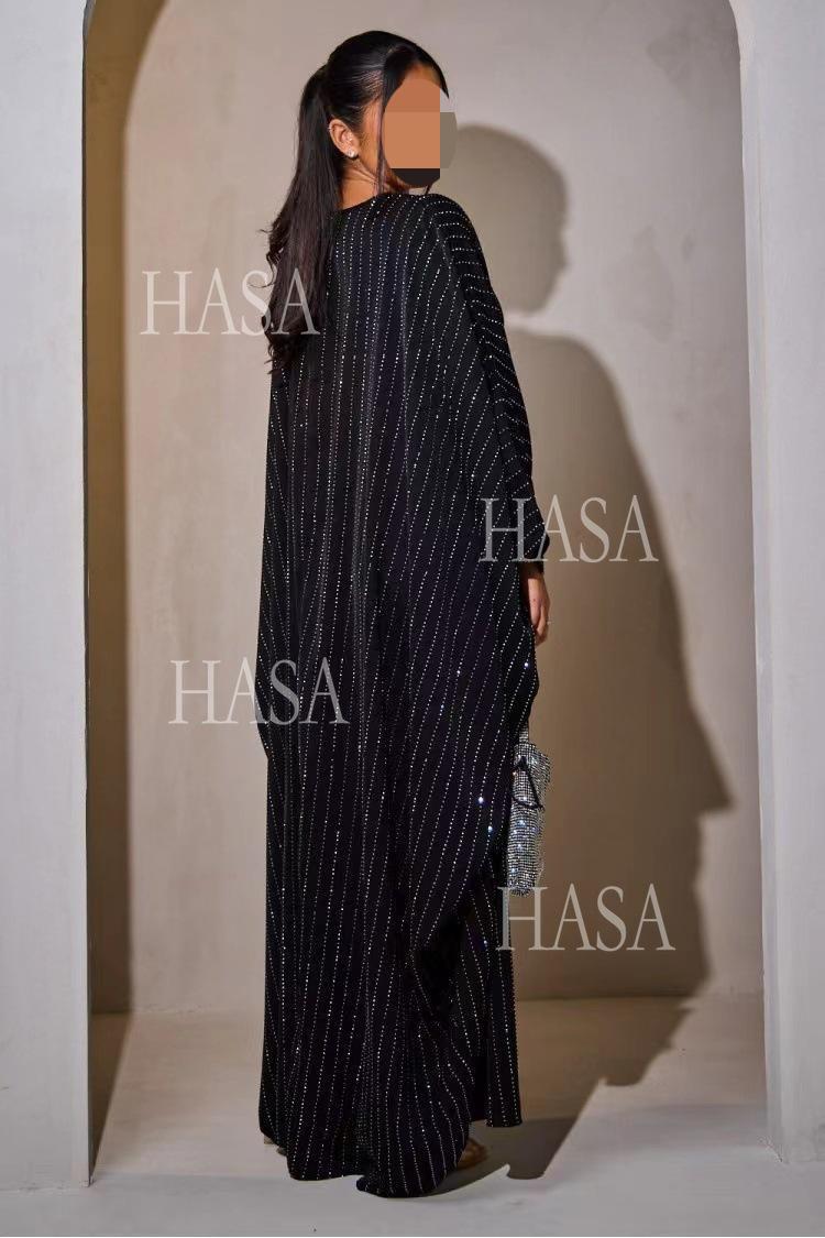 HS6483 Drape Rhinestone Gown with Simple Wide Sleeves