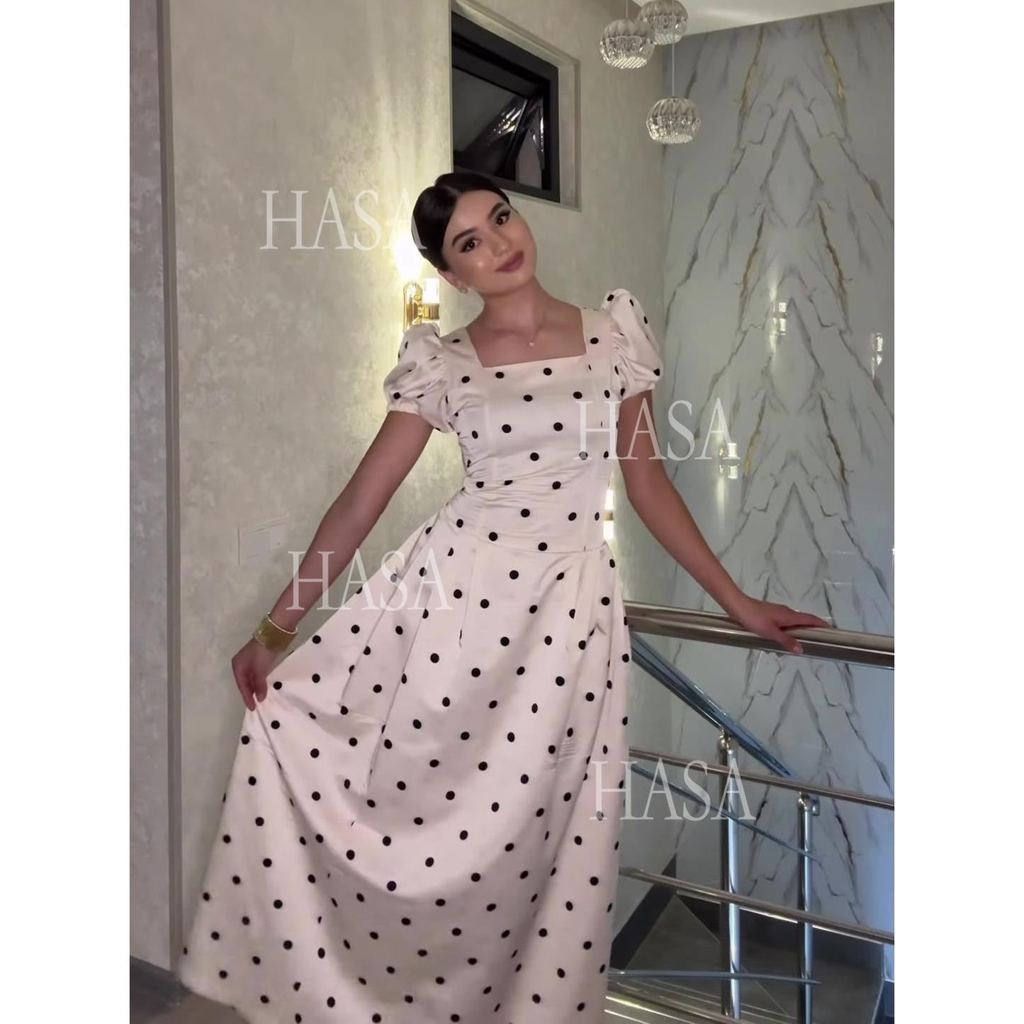 HASA HS6752 Feminine High Waist Flowy Evening Dress