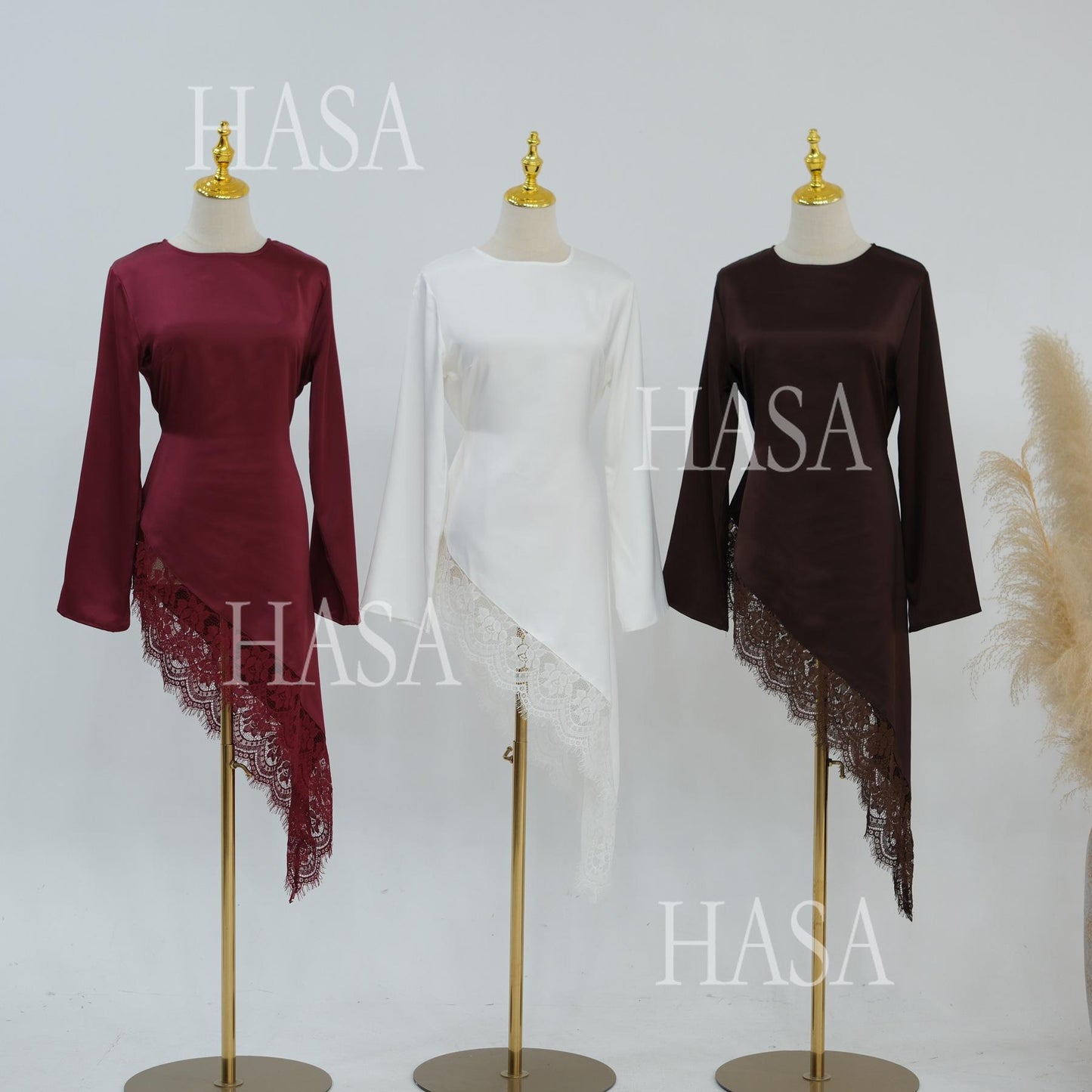 HASA HS6784 Soft Luxury Asymmetric Modest Top with Lace Detail